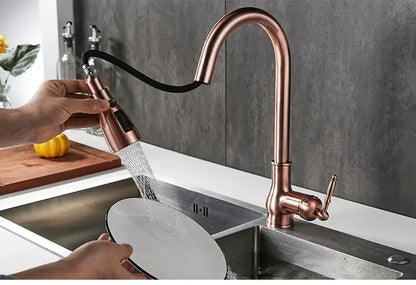 Antique bronze kitchen faucet with pull down spray head