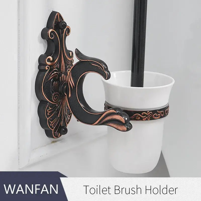 Antique bronze ornate ceramic toilet brush holder bathroom set