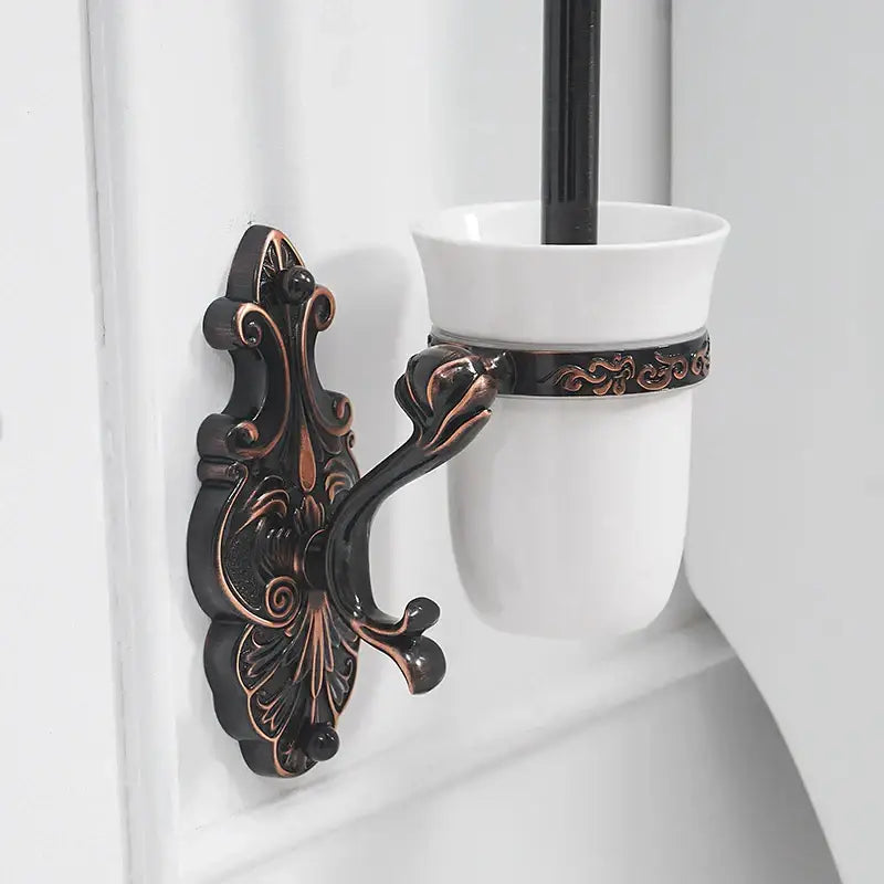 Antique bronze ornate ceramic toilet brush holder bathroom set