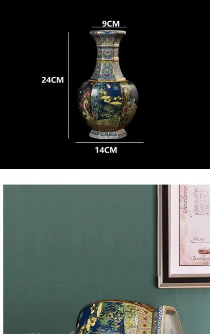 Antique blue & gold floral antique ceramic vase 24cm living room decor