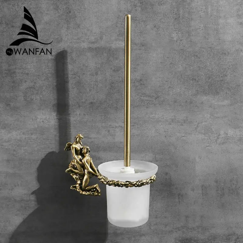 Antique cherub gold & silver toilet brush holder bathroom set