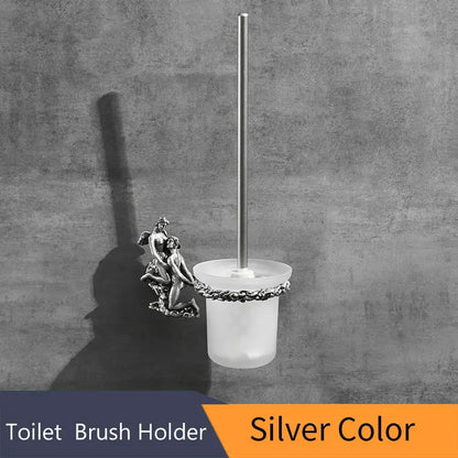 Antique cherub gold & silver toilet brush holder bathroom set