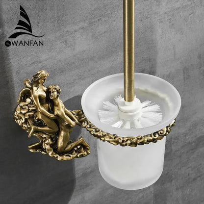 Antique cherub gold & silver toilet brush holder bathroom set