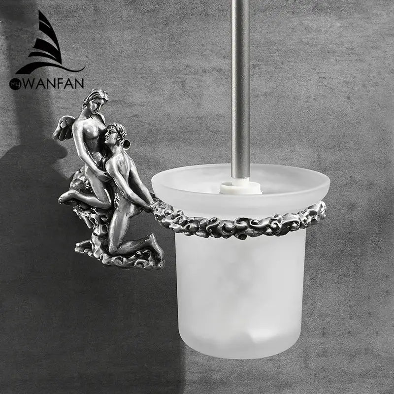 Antique cherub gold & silver toilet brush holder bathroom set