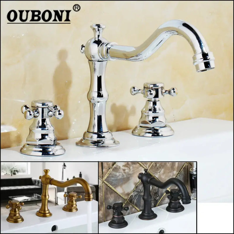 Antique chrome & black dual handle basin faucet bathroom curved spout