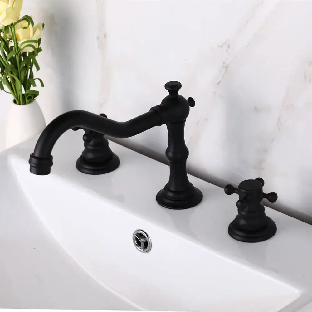 Antique chrome & black dual handle basin faucet bathroom curved spout