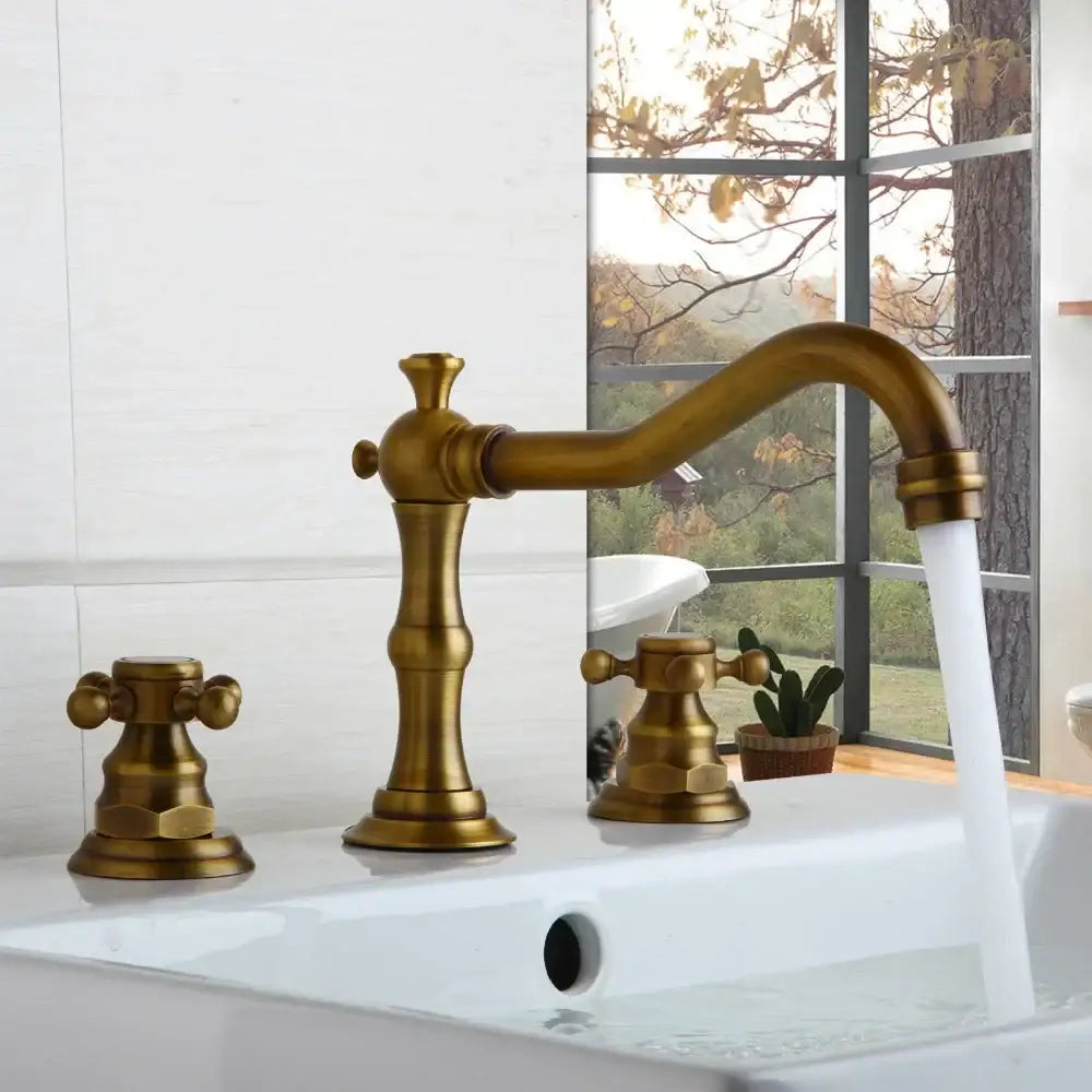 Antique chrome & black dual handle basin faucet bathroom curved spout