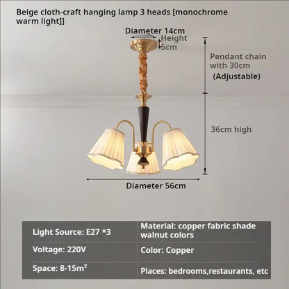 Antique copper chandelier with pleated shades for dining room