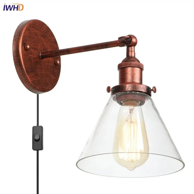 Antique copper industrial clear glass wall lamp bedroom sconce