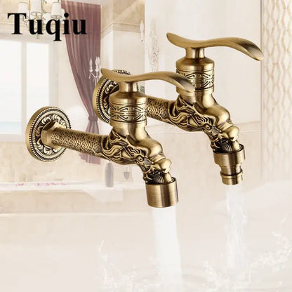 Antique dragon carved brass single cold tap garden faucet