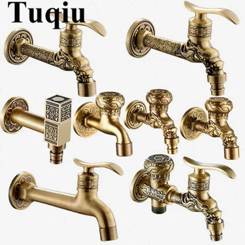 Antique dragon carved brass single cold tap garden faucet