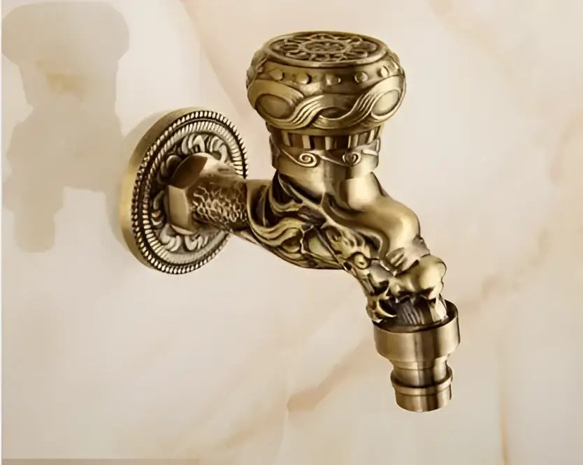Antique dragon carved brass single cold tap garden faucet