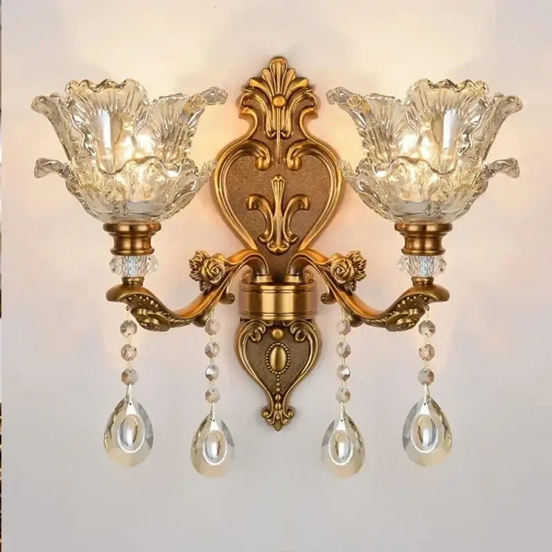 Antique european brass crystal glass dual head wall lamp bedroom