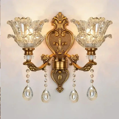 Antique european brass crystal glass dual head wall lamp bedroom