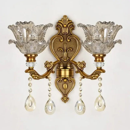 Antique european brass crystal glass dual head wall lamp bedroom