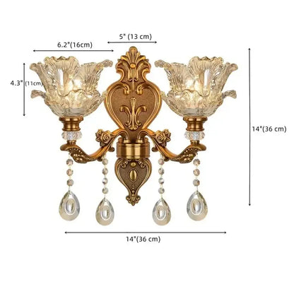 Antique european brass crystal glass dual head wall lamp bedroom