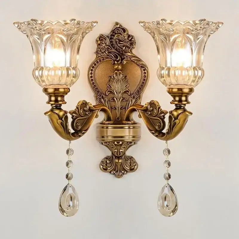 Antique european brass crystal glass dual head wall lamp bedroom