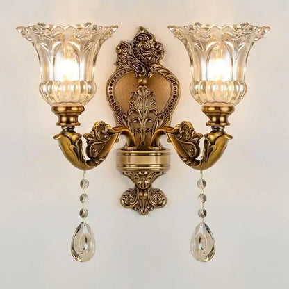 Antique european brass crystal glass dual head wall lamp bedroom