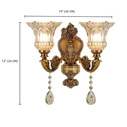 Antique european brass crystal glass dual head wall lamp bedroom