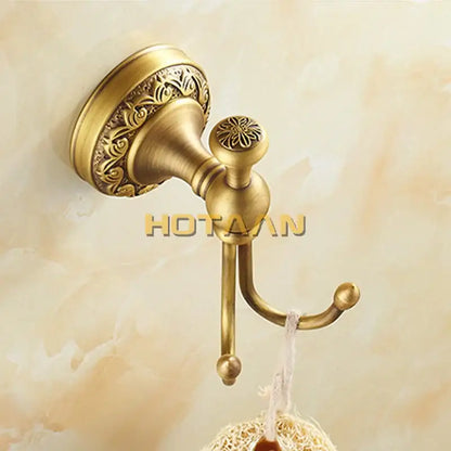 Antique floral brass robe hook bathroom double towel rack