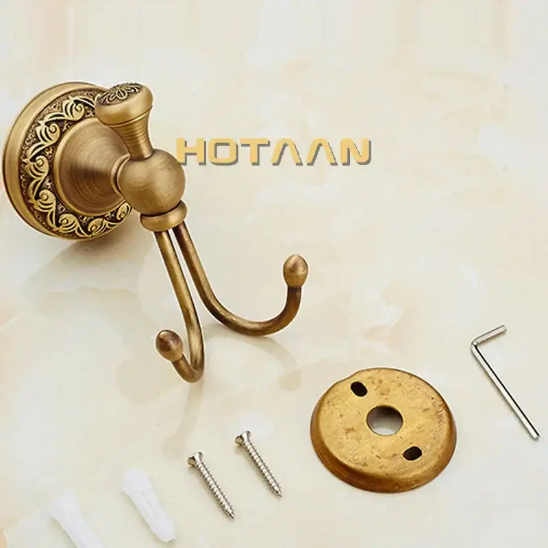 Antique floral brass robe hook bathroom double towel rack