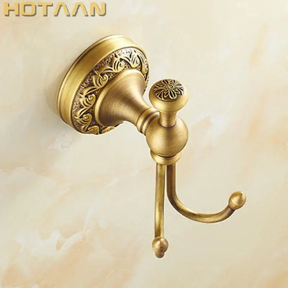 Antique floral brass robe hook bathroom double towel rack