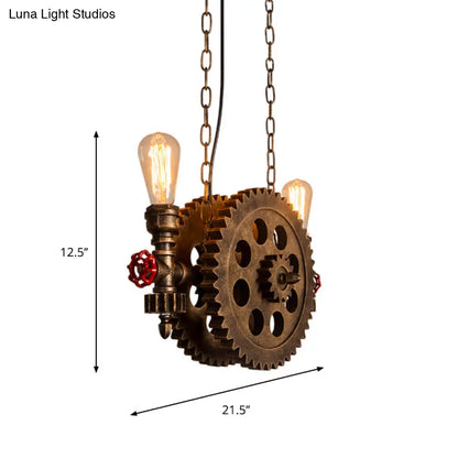 DecorBites™ Antique Gear Pendant Light with Exposed Bulb - 2-Light Rustic Island Pendant for Dining Room