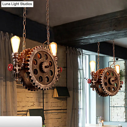 DecorBites™ Antique Gear Pendant Light with Exposed Bulb - 2-Light Rustic Island Pendant for Dining Room