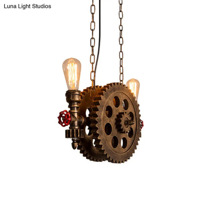DecorBites™ Antique Gear Pendant Light with Exposed Bulb - 2-Light Rustic Island Pendant for Dining Room