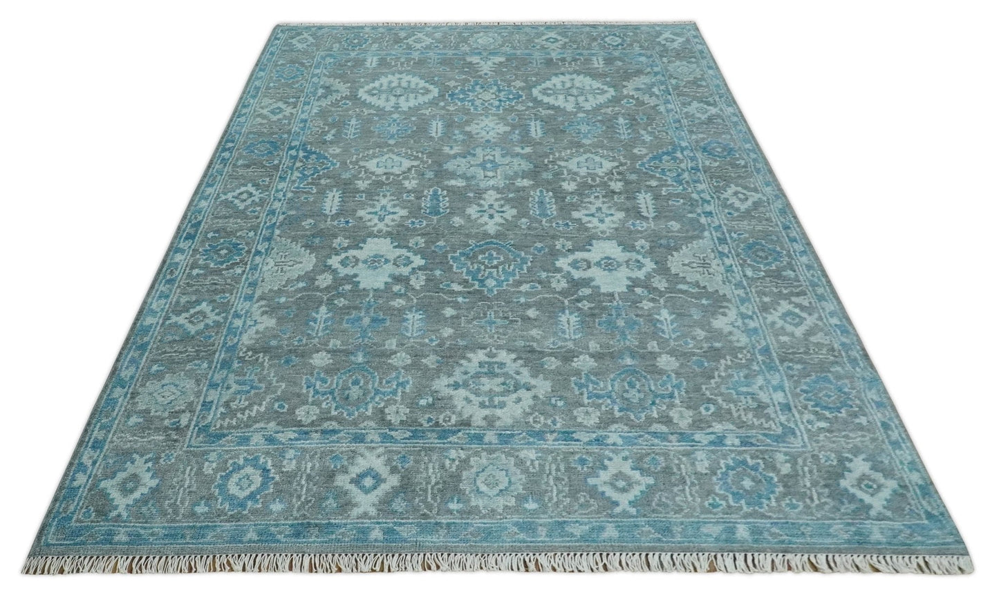 Antique Turkish  Gray and Blue Hand Knotted 8x10 Wool Area Rug