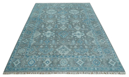 Antique Turkish  Gray and Blue Hand Knotted 8x10 Wool Area Rug