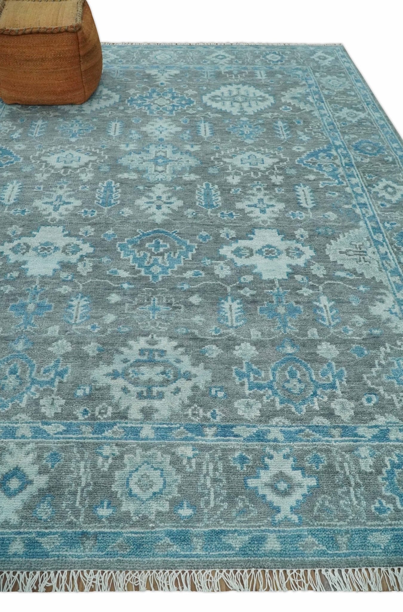 Antique Turkish  Gray and Blue Hand Knotted 8x10 Wool Area Rug