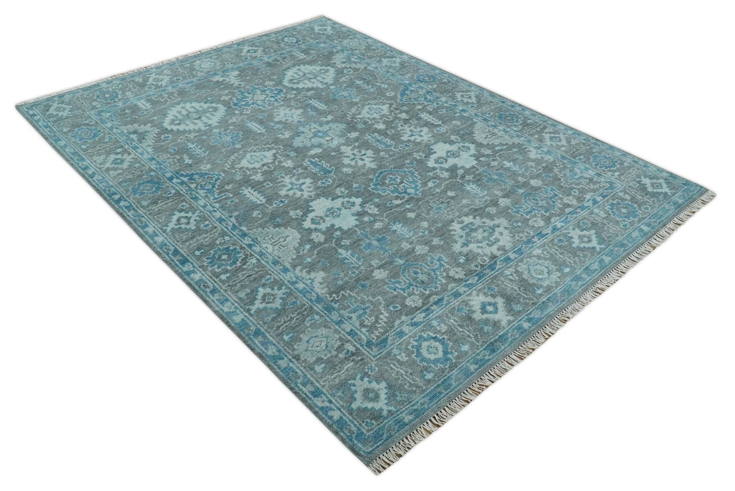 Antique Turkish  Gray and Blue Hand Knotted 8x10 Wool Area Rug
