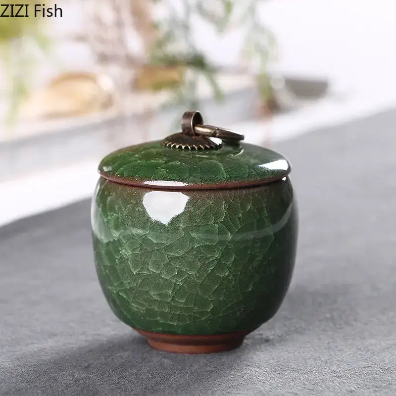 Antique green ice cracked texture tea caddy kitchen storage jar