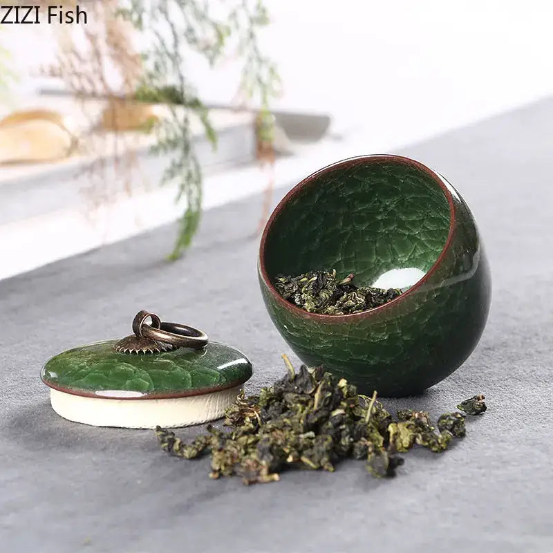 Antique green ice cracked texture tea caddy kitchen storage jar