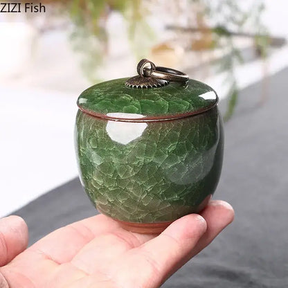 Antique green ice cracked texture tea caddy kitchen storage jar