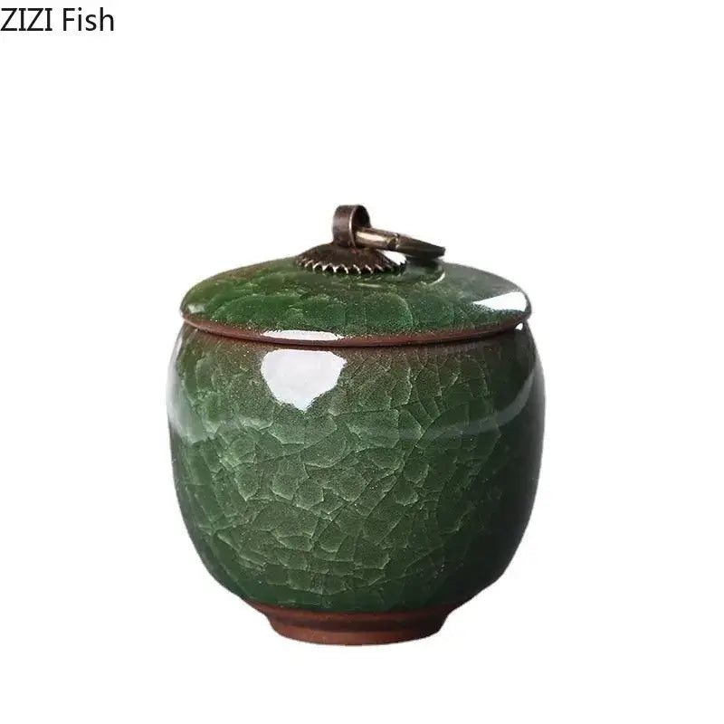 Antique green ice cracked texture tea caddy kitchen storage jar