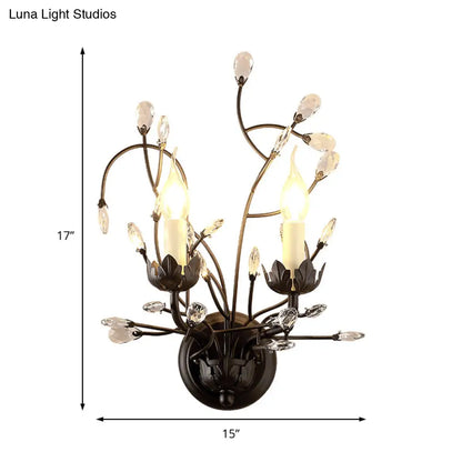 DecorBites™ Antique Metal Wall Sconce with Crystal Accents - Elegant Black Flower Design, 2 Lights - Perfect for Living Room