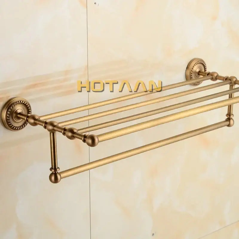 Antique ornate brass towel rack bathroom double tier shelf