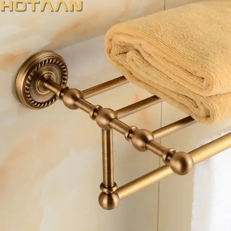 Antique ornate brass towel rack bathroom double tier shelf