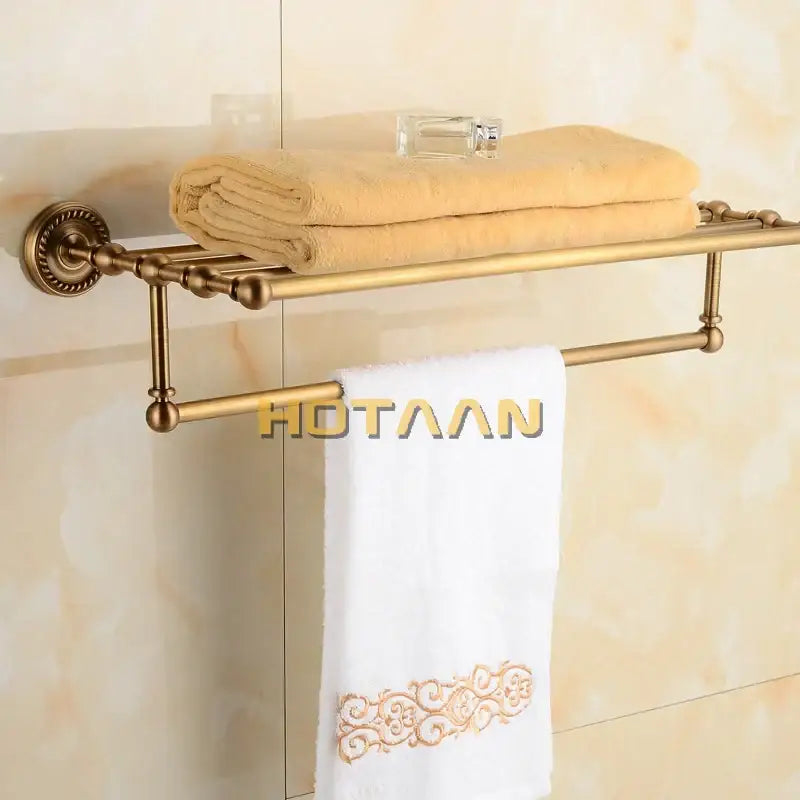 Antique ornate brass towel rack bathroom double tier shelf