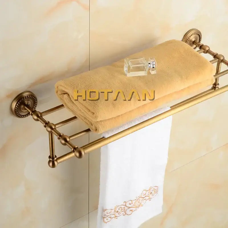 Antique ornate brass towel rack bathroom double tier shelf
