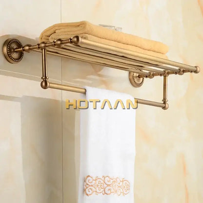 Antique ornate brass towel rack bathroom double tier shelf