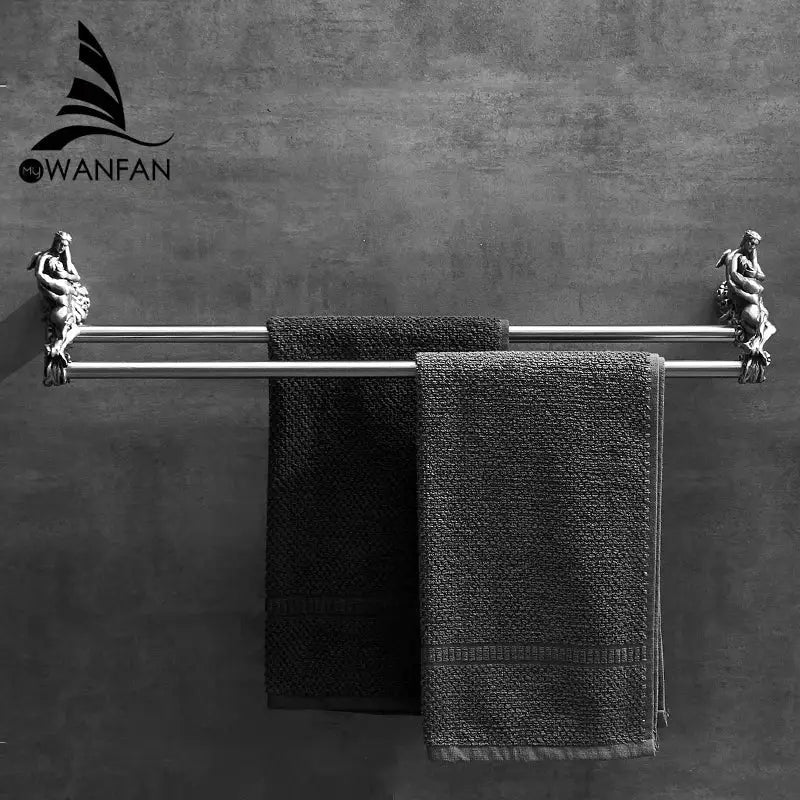 Antique ornate gold & silver brass double towel bars bathroom rack