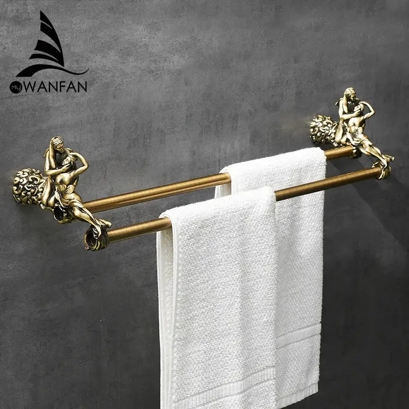 Antique ornate gold & silver brass double towel bars bathroom rack