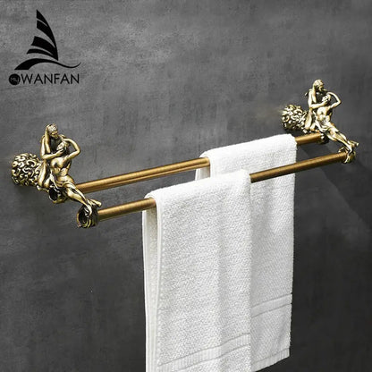 Antique ornate gold & silver brass double towel bars bathroom rack