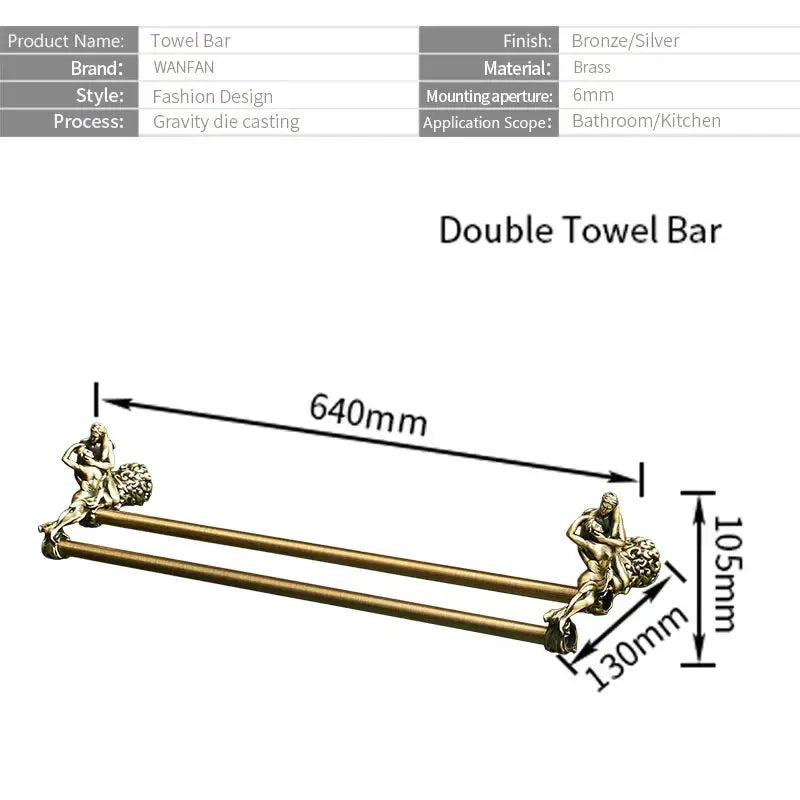 Antique ornate gold & silver brass double towel bars bathroom rack