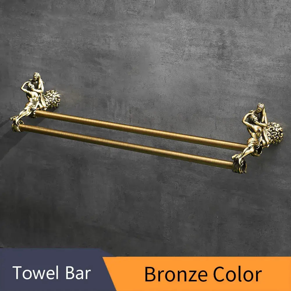 Antique ornate gold & silver brass double towel bars bathroom rack