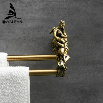 Antique ornate gold & silver brass double towel bars bathroom rack