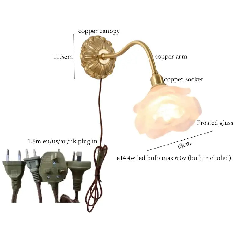 Antique pink rose glass wall lamp bedroom copper arm